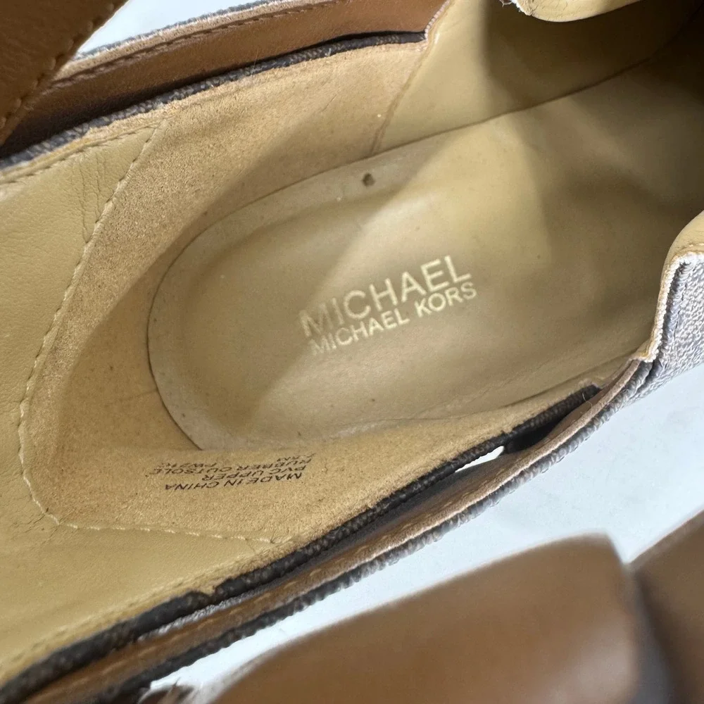 Michael Kors Brown Logo Cutout Buckle Platform Ankle Boots - Picture 6 of 7